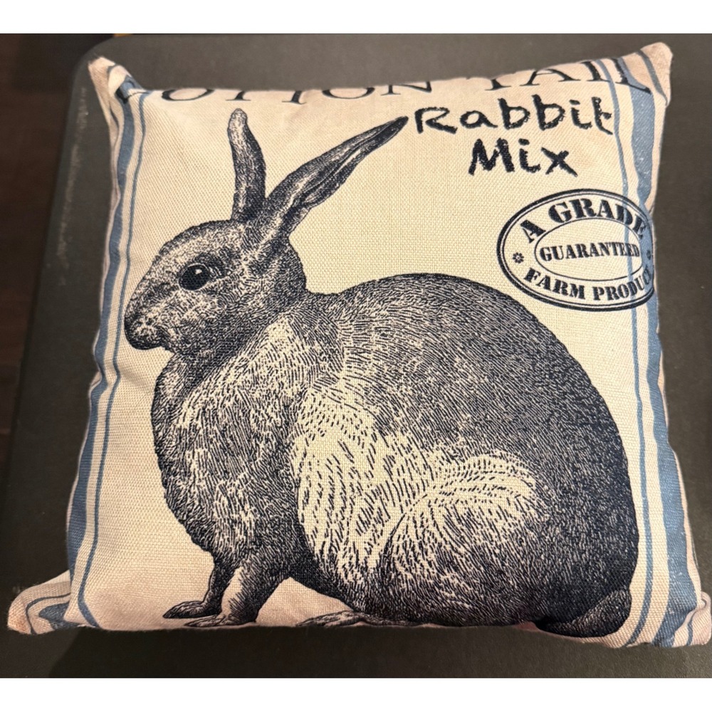 Throw Pillow Cream Blue Rabbit Bunny Farmhouse Grain Sack Decor 12x12 Rustic